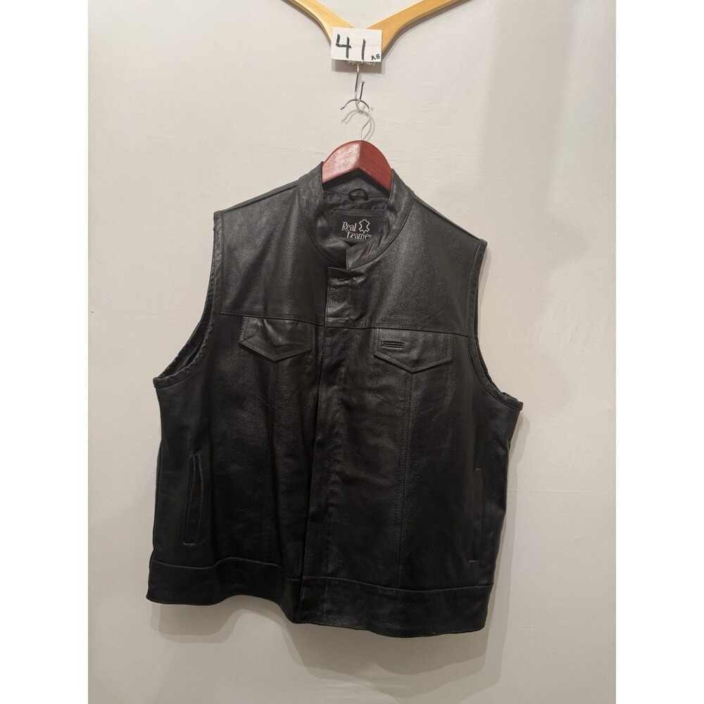 Real Leather Mens 2XL Black Motorcycle Biker Vest Genuine Leather Snap Zip